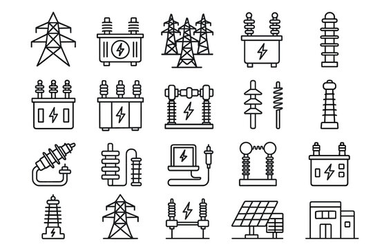 Electric Power Grid and High-Voltage Substation Line Icons Set