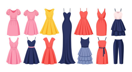 A set of stylish women's dresses presented as standalone fashion items in a flat vector illustration style