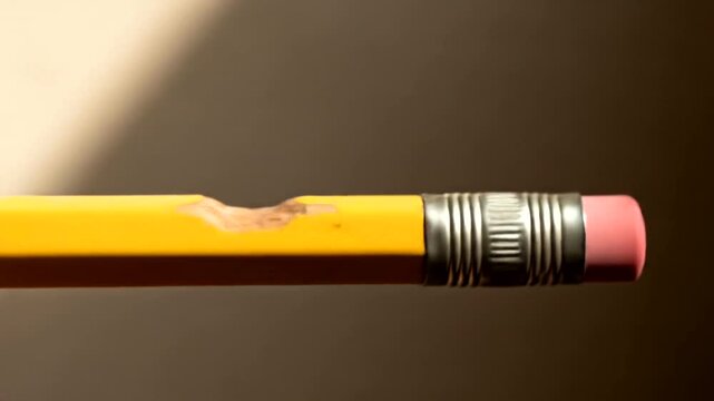 Close up of a yellow pencil with eraser and metal ring.
