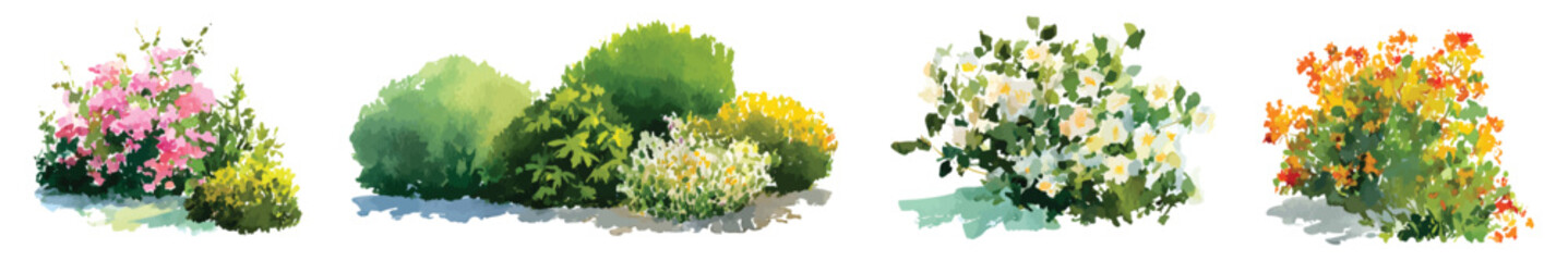 Spring flower bushes shrub landscaping gardening watercolor set isolated on transparent background