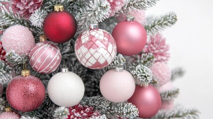 Beautifully Arranged Festive Christmas Ornament Display Featuring Red, Pink, and White Baubles
