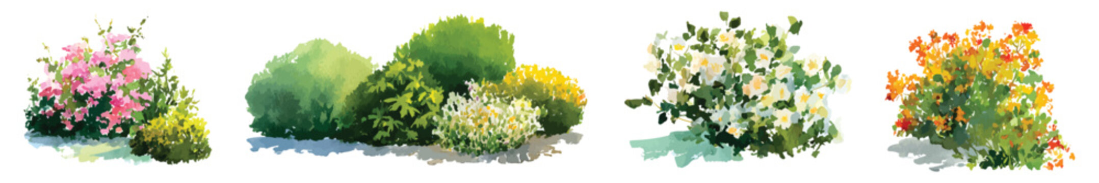 Spring flower bushes shrub landscaping gardening watercolor set isolated on transparent background