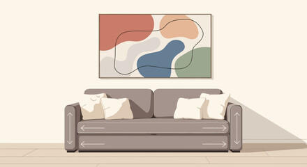 A gray couch with white pillows sits against a beige wall under a colorful abstract painting in a minimalist living room with a light wood floor and a clean, modern aesthetic.