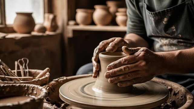 Crafting Beauty: A Potter's Hands Shaping Clay into Vessels of Artistry and Functionality in a Cozy Workshop Setting, Showcasing Skill and Creativity