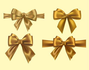 Set of realistic gold satin bows on a light background, luxury decoration for discount stores.