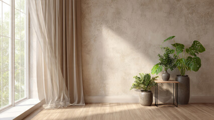 Bright, serene interior with sunlit window, flowing curtains, and lush potted plants. A minimalist side table complements the textured beige wall.
