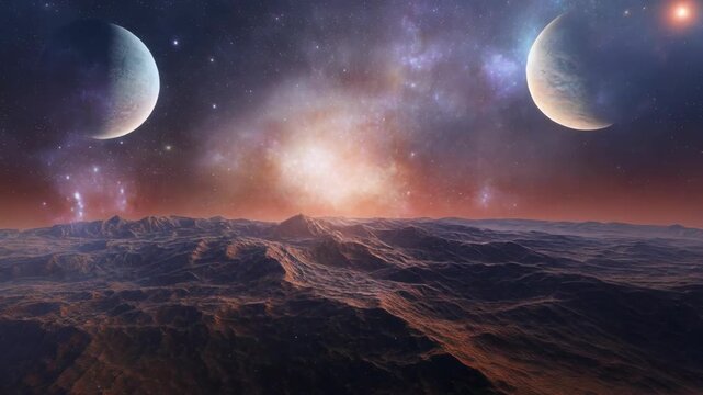 Alien planet landscape with mountains under the starry sky and two moons in space environment for scientific wallpaper background