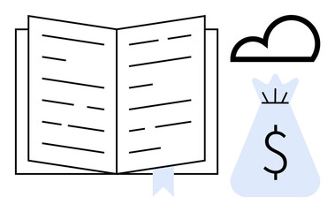 Open book with bookmark, dollar sign money bag, and cloud graphics interconnected to represent education, financial success, and cloud-based learning. Ideal for finance, learning, technology