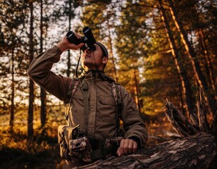 Naklejka premium Hunter Observing Wildlife Through Binoculars in Golden Forest Light