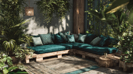 Lush bohemian patio with a cozy teal pallet sofa, abundant tropical plants, and soft lighting, creating a serene green oasis.