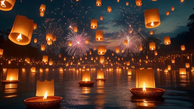 Floating lanterns illuminated on water at night with fireworks in the sky over water