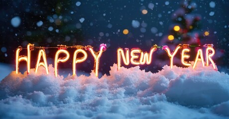 Bright neon text spells Happy New Year amidst snowy landscape. Distant lights suggest festive celebration, winter scene.