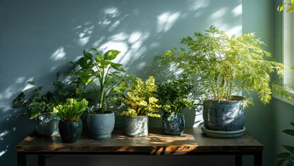 Diverse potted indoor plants on a wooden table, bathed in natural sunlight, casting beautiful shadows on a serene blue-green wall.