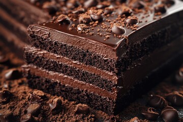 Obraz premium Piece of chocolate cake. Coffee cake cut. Creamy brownie dessert
