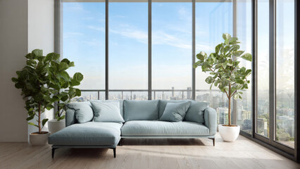 Modern urban apartment living room with a light blue sectional sofa, lush potted plants, and expansive city views through floor-to-ceiling windows.