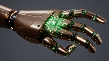 A detailed, metallic bronze robotic hand features glowing green circuits and a prominent central microchip, symbolizing advanced AI and cybernetic technology.
