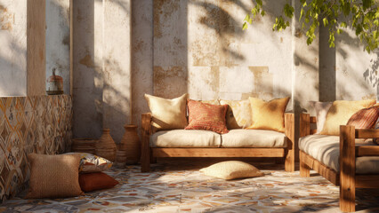 A sun-drenched, inviting outdoor patio featuring comfortable wooden seating, earthy cushions, patterned tiles, and rustic decor under dappled sunlight.