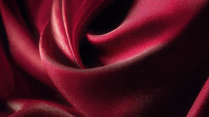 A luxurious close-up of flowing dark red fabric, showcasing elegant drapes, delicate texture, and subtle shimmering highlights against deep shadows.