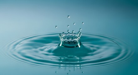 Water drop impacting surface creating splash and ripple effect. Clean aqua liquid motion with crown shape. Freshness, purity, and hydration concept.