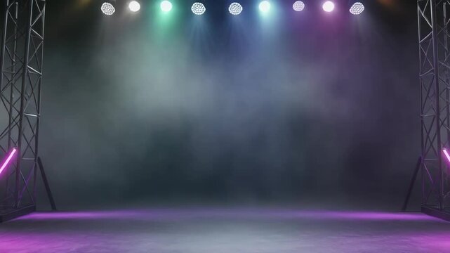 Empty Stage with Steel Truss and Neon Lighting for Production Performance Venue Ambiance, Background with Fog, Floor Reflection