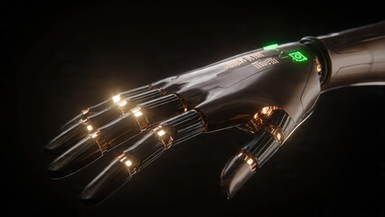 Futuristic robotic hand featuring dark metallic sheen, illuminated golden finger segments, and glowing green integrated circuit details on a dark background.