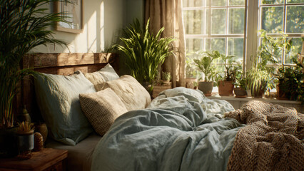 A serene, sunlit bedroom featuring a rustic wooden bed, natural linen bedding, and an abundance of lush green houseplants, creating a tranquil, inviting atmosphere.