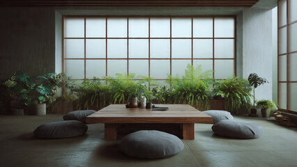 Japanese-inspired serene room. Low wooden table, floor cushions, lush green plants. Large shoji window provides tranquil, nature-infused light and atmosphere.