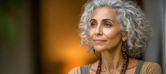 Smiling middle-aged woman with curly gray hair, looking left in a peaceful outdoor setting.