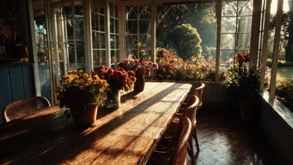 A sunlit conservatory features a long wooden table adorned with vibrant potted flowers, overlooking a beautiful, lush garden bathed in golden light.