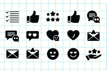 Collection of black social media and feedback icons on a white grid background
