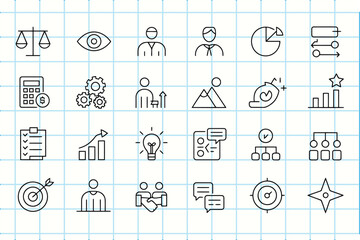 Collection of business and strategy icons on a grid background