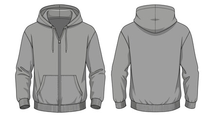 Technical Fashion Illustration of Men's Grey Zip-Up Hoodie Sweatshirt Template (Front and Back View) © Rishi