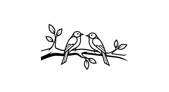 Black and White Line Art of Two Love Birds Sitting on a Branch with Leaves (Couple, Wedding, or Nature Icon) - Powered by Adobe