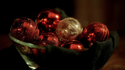 rich red and gold christmas ornaments arranged in a glass bowl with warm moody festive lighting
