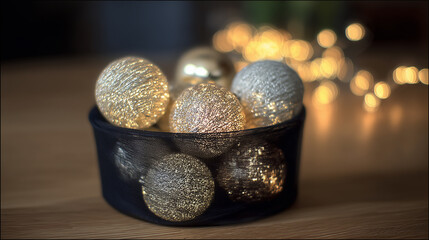 soft glowing christmas ornaments in a black mesh bowl with warm golden festive bokeh lights