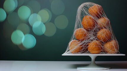 Golden honey dessert balls stacked in a festive pyramid covered with delicate sugar threads on a cake stand