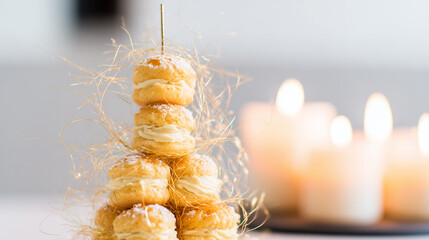 Cream puff dessert tower decorated with delicate sugar threads and warm candlelight in a festive setting