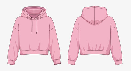 Technical Flat Sketch of Women's Pink Cropped Hoodie Sweatshirt with Drawstring Hood Front and Back © Rishi
