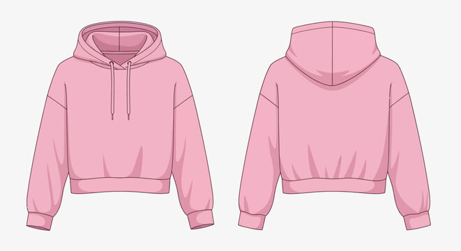 Technical Flat Sketch of Women's Pink Cropped Hoodie Sweatshirt with Drawstring Hood Front and Back