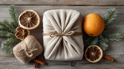 furoshiki wrapped gift with natural fabric and dried oranges on rustic wooden table concept of eco friendly holiday decor christmas birthday
