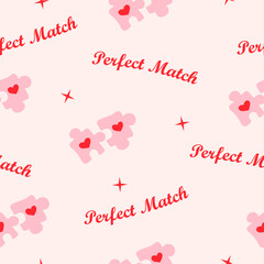 Hand drawn seamless pattern with cute puzzle pieces and text in flat doodle style. Valentine vector background for textile and paper in cartoon stylisation. 
Love wallpaper 