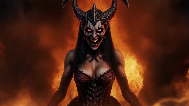 Evil horned sorceress woman with extended claws in a fiery hellscape setting