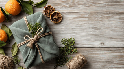 Eco furoshiki gift wrapped in green fabric with natural twine and fir branches on wooden table concept of sustainable holiday packaging zero waste christmas