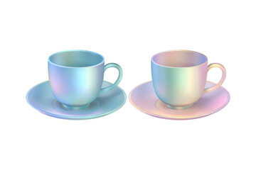 Fototapeta premium Two iridescent teacups and saucers one with a blue-green hue and the other with a pink-orange hue on a white background.