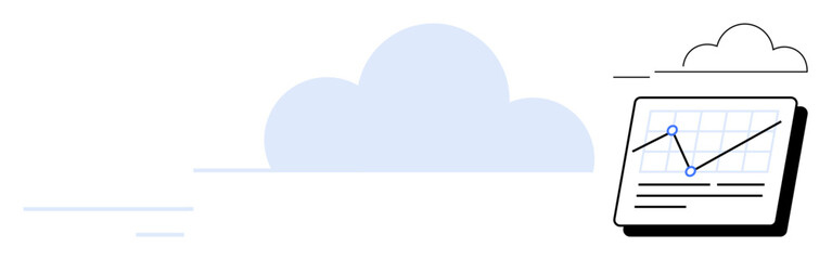 Tablet displaying growth trend graph, small text elements, and floating clouds in the background. Ideal for technology, data analytics, cloud computing, growth, online tools, productivity web