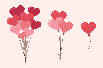 Cute pink heart-shaped balloons. A set of hand-drawn flat vector illustrations for Valentine's Day, weddings and birthday party.
