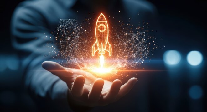 Hand presents a holographic rocket launch concept symbolizing innovation creativity and technological advancement in business and science - Powered by Adobe