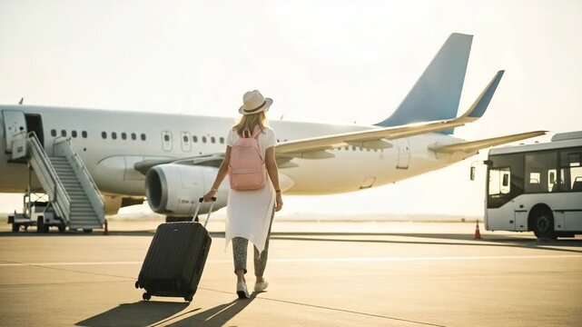 Woman with luggage walking towards airplane on sunny airport tarmac motion animated video 4k