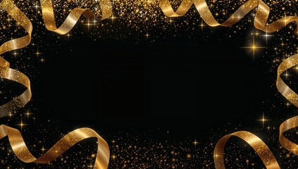Elegant golden ribbons and sparkling dust frame a black background, creating a luxurious and festive atmosphere perfect for celebrations or events. Copy space
