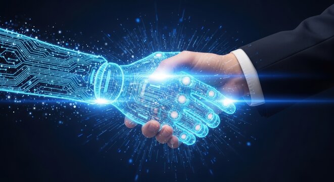 Futuristic handshake between human and digital hand symbolizing technology innovation business collaboration connection synergy integration partnership